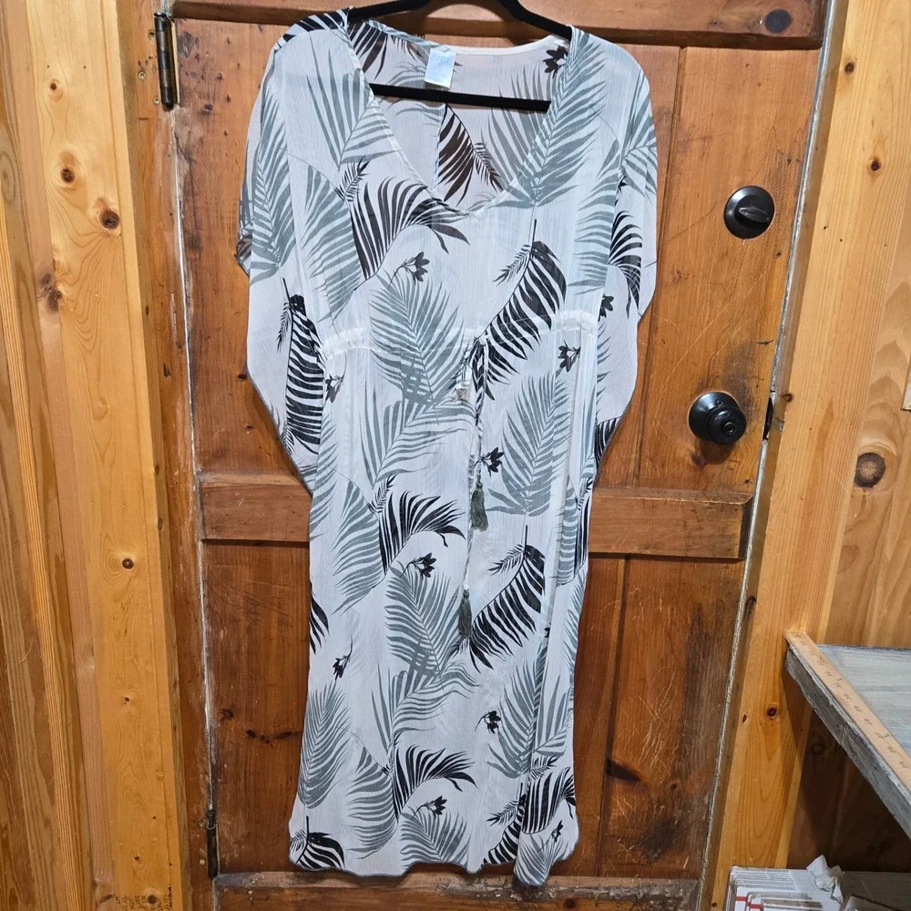 Kona Sol Women Small White Tropical Palm Leaf Drawstring Kaftan Swim Cover Up